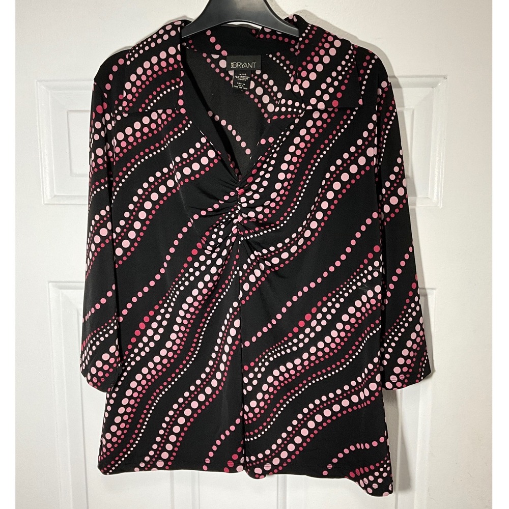 Lane Bryant Womens 14/16 Black Pink Polka Dot Ruched V-Neck 3/4 Sleeve Blouse